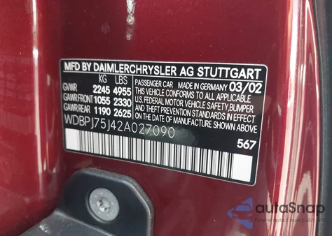 2002 Mercedes-Benz Cl 500 из США, поврежденный, VIN WDBPJ75J42A027090